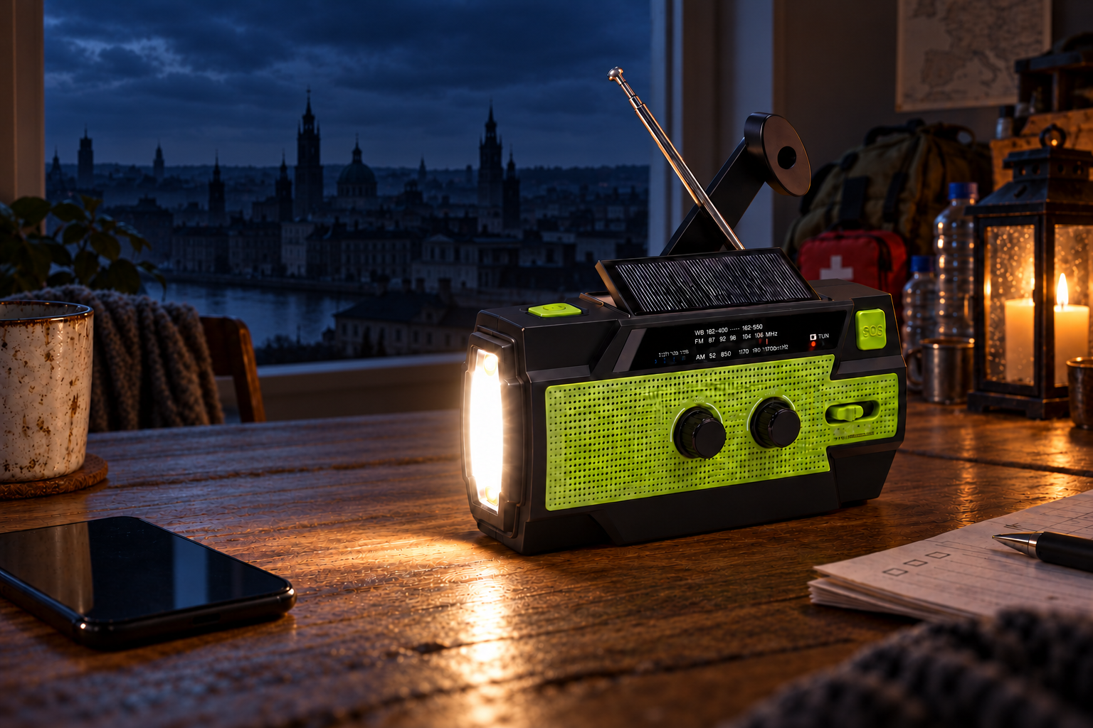 Multifunkční rádio s dynamem a solárním panelem při výpadku elektřiny